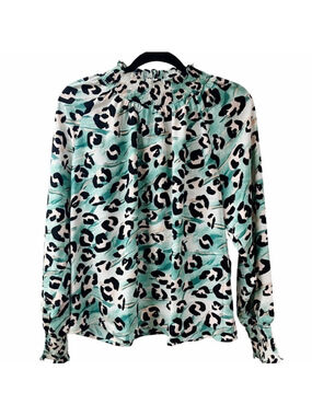 NWT Nine West Womens Animal Print Smocked Blouse LARGE Office Modern Casual